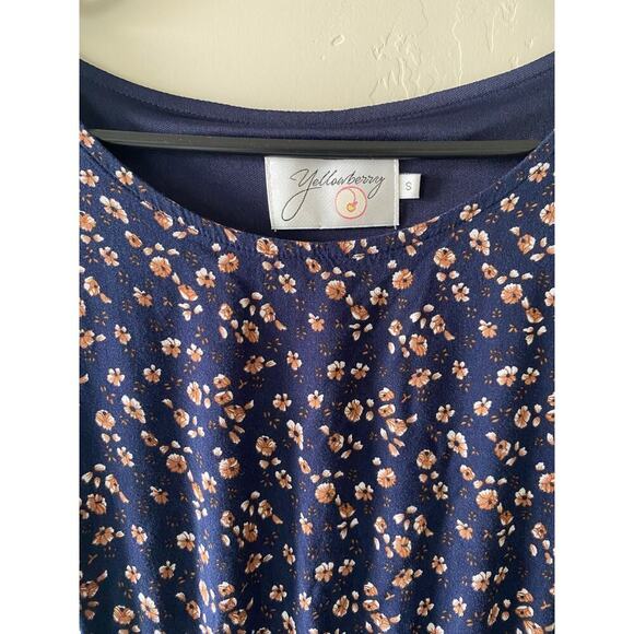 Navy Blue Floral Yellowberry Knee Length Flowy Modest Summer Dress- Size Small - Picture 3 of 7